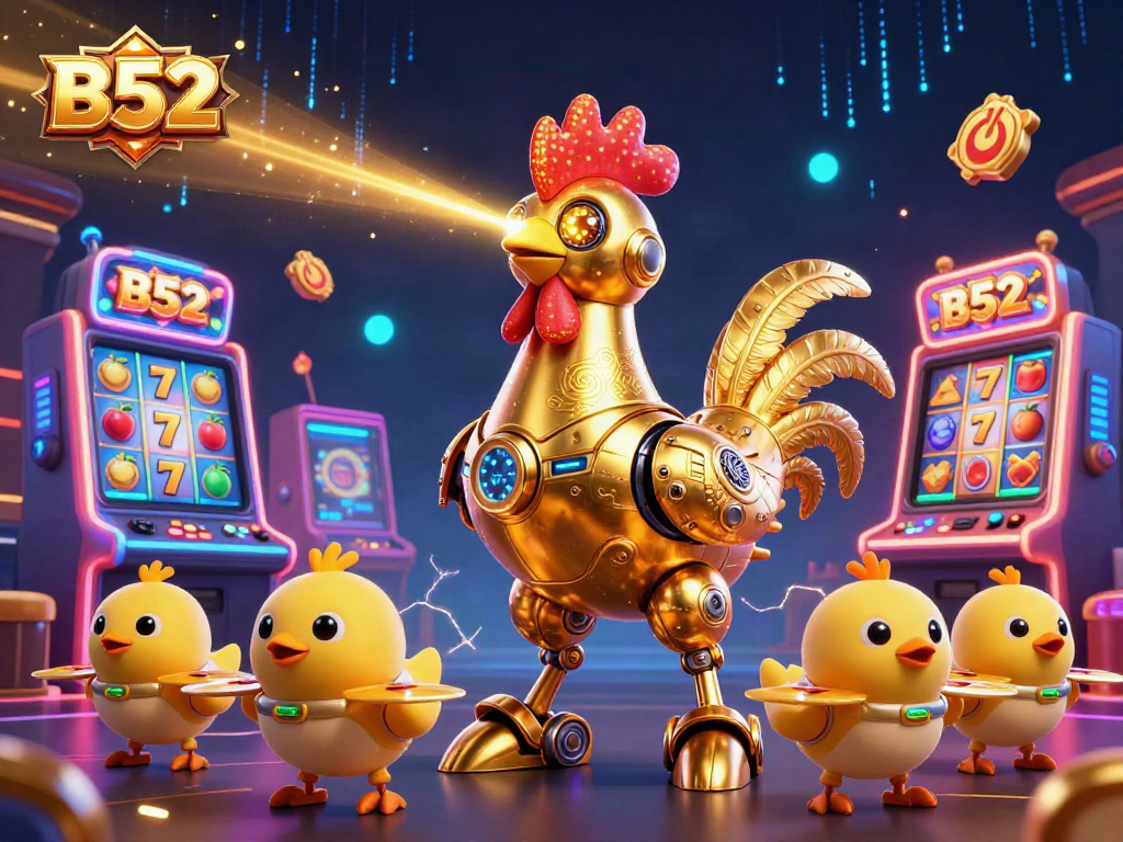 Engage in the B52 casino experience with vibrant slot machines and retro-futuristic characters in action.