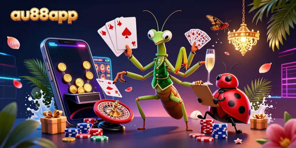 Experience thrilling gameplay with the vibrant scene featuring a giant praying mantis and ladybug at au88app casino.