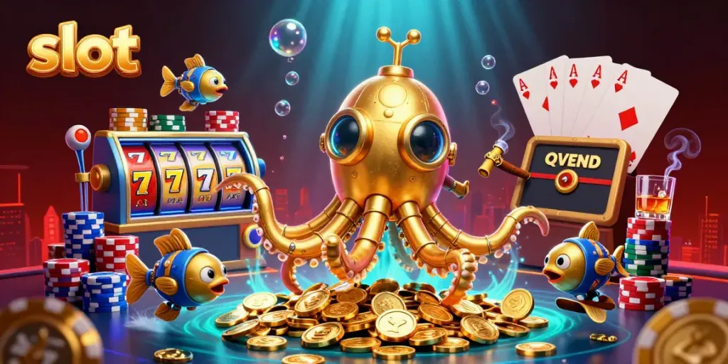 Experience dynamic slot action with a kraken submarine amidst golden coins and vibrant slot reels.