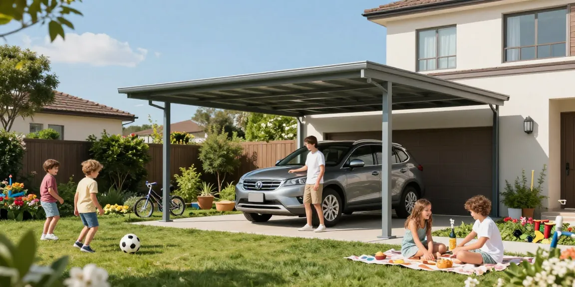 Moderner Carport in einem Wohngebiet mit familiärem Fahrzeug, umgeben von Gartenpflanzen und spielenden Kindern.