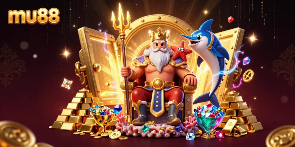 Engage in thrilling casino adventures at mu88 with Neptune, treasure, and vibrant gaming elements.
