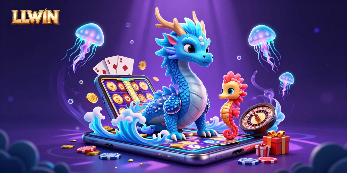 LLWIN showcases an azure water dragon amidst thrilling slot games and vivid treasures.