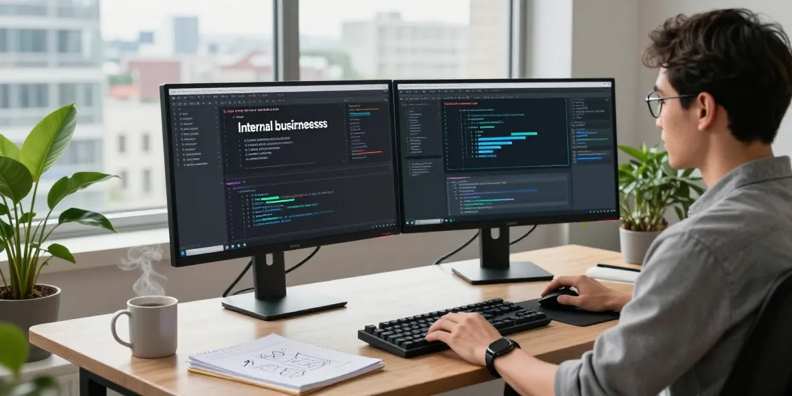 Build internal tools with AI in a modern workspace featuring a developer at dual monitors surrounded by coding elements.