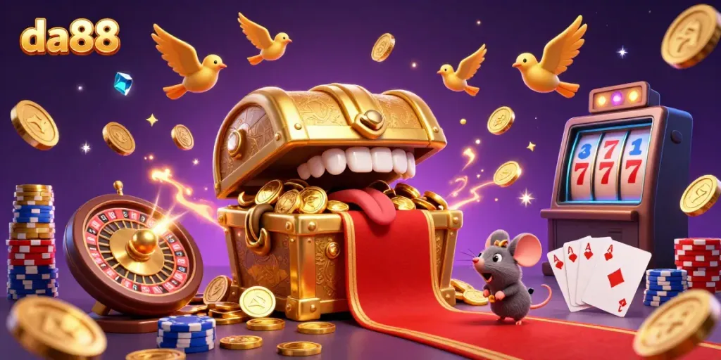 Experience thrilling gameplay at da88 with a 3D treasure-themed casino illustration showcasing excitement and rewards.