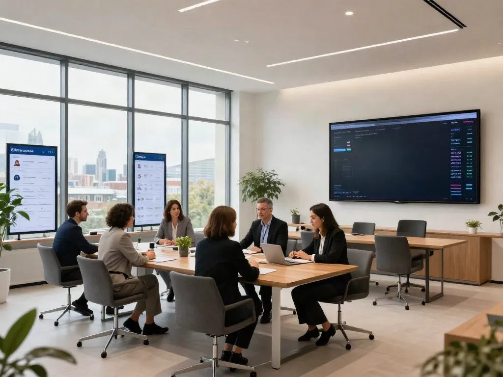 Immobilienmakler Berlin: modernes Büro mit Mitarbeitern und digitalen Displays.