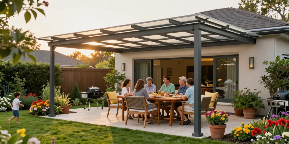 Freistehende Terrassenüberdachung in einem Garten, Familienessen im Freien.