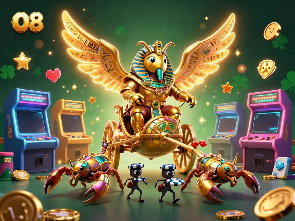 Experience the thrilling action of O8 with a dazzling casino scene featuring a golden scarab and vibrant gaming elements.
