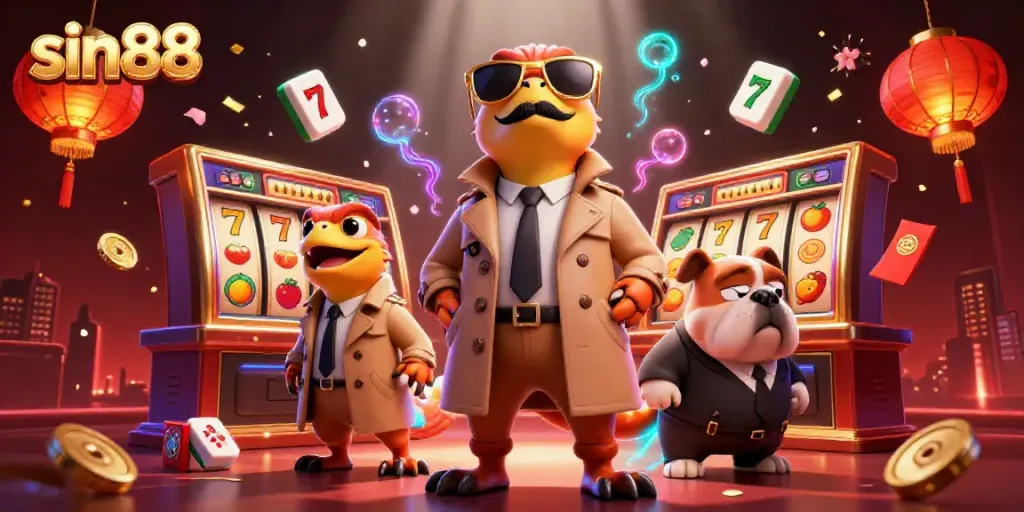 Raptors in a trench coat attempt to sneak into a VIP casino lounge, showcasing sin88 themes with vibrant slot elements.