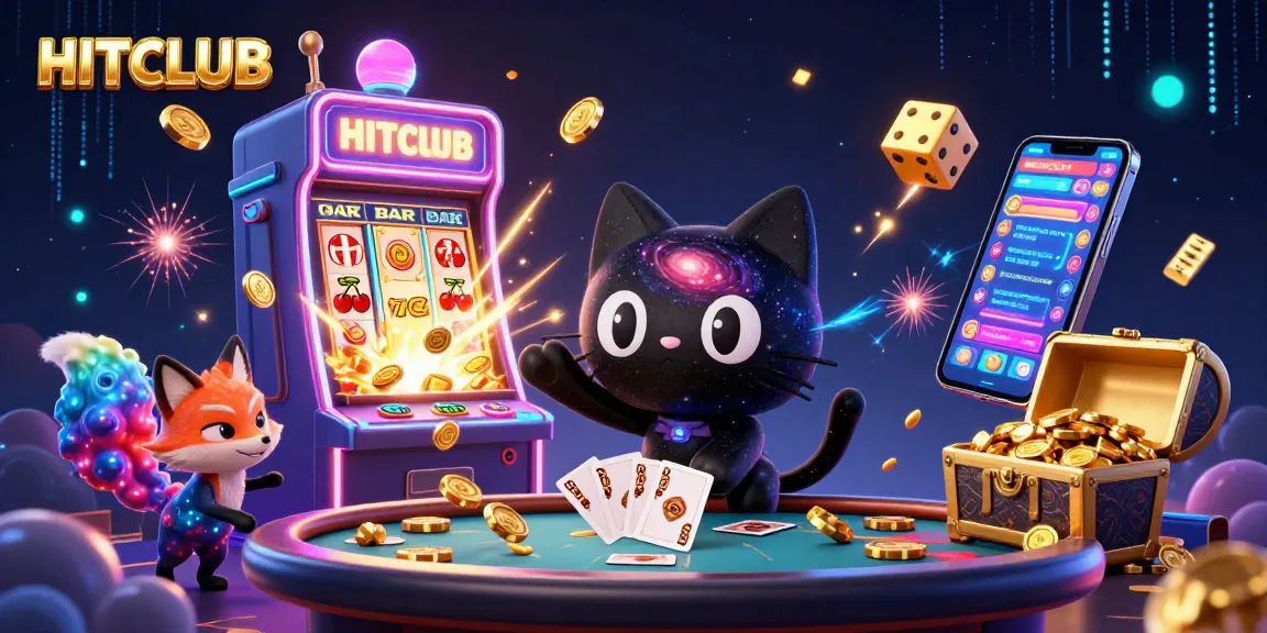 Experience gaming excitement at HITCLUB with vibrant slot action and cosmic illustrations.
