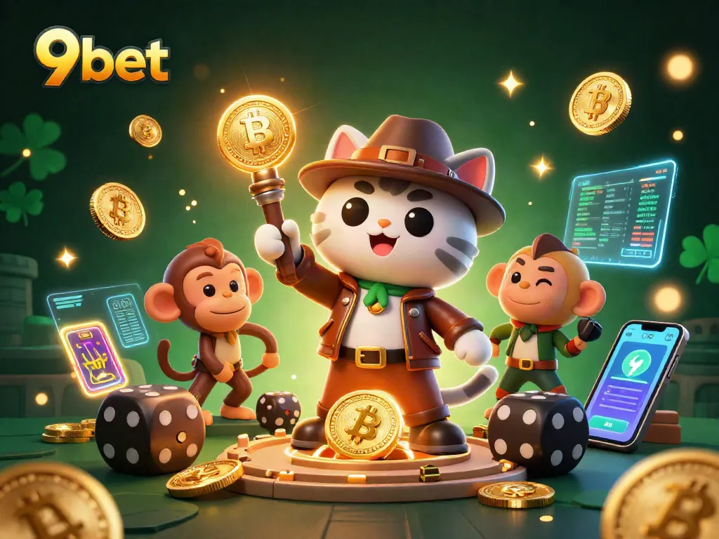 Engage 9bet platform with a dynamic scene of an explorer cat finding treasures in a rich casino setting.