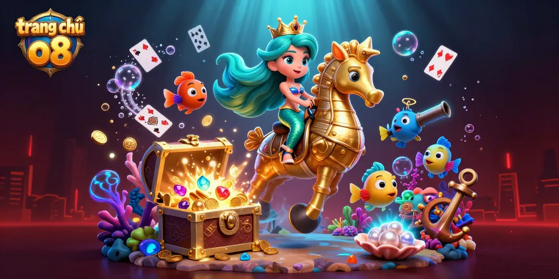 Experience dynamic gaming with trang chủ o8 as a mermaid queen rides a golden seahorse amidst vibrant treasures.
