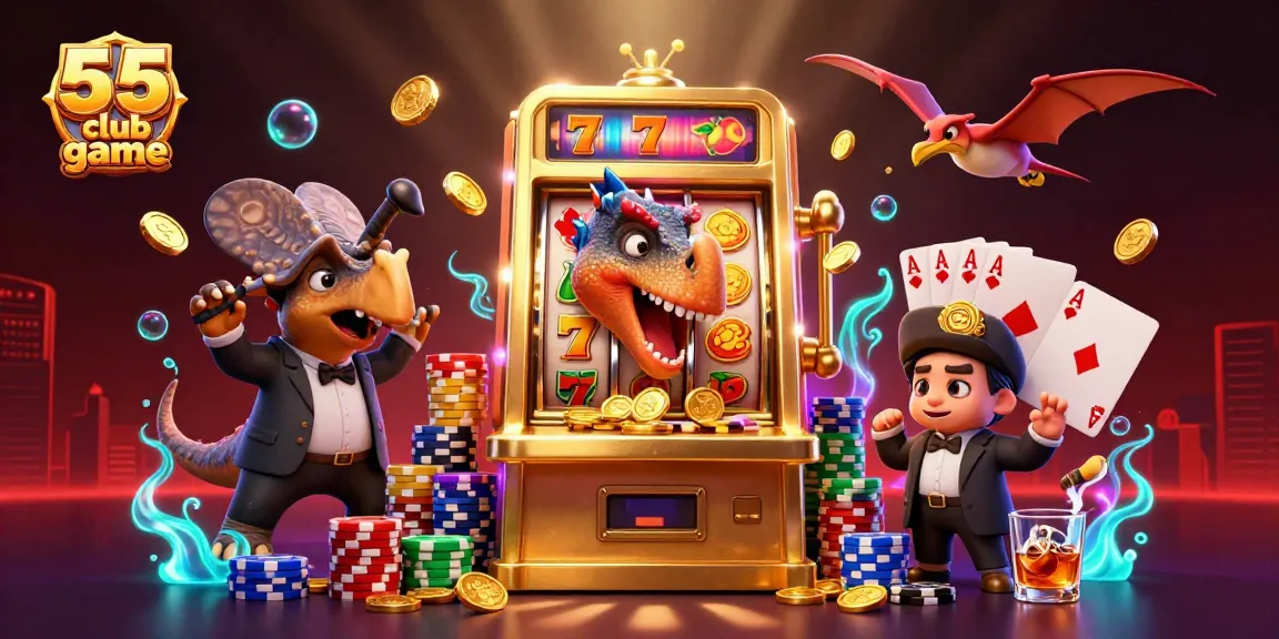 A pachycephalosaurus interacts with a golden slot machine in the 55 club game scene, surrounded by vivid casino elements.