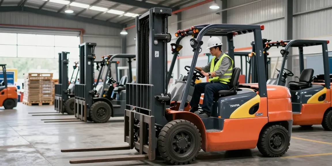 Techniker, der einen gebrauchten Toyota Gabelstapler in einem gut organisierten Lager inspiziert und die Qualität der Maschinen betont.