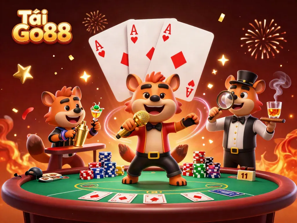Experience the fun of Tải Go88 in this vibrant 3D casino illustration featuring hyena characters.