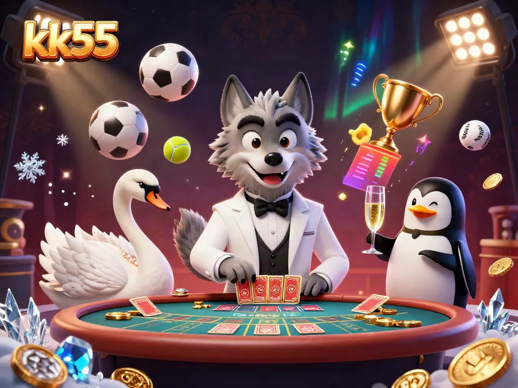 Experience thrilling baccarat action with kk55's cartoon casino characters in a vibrant scene.