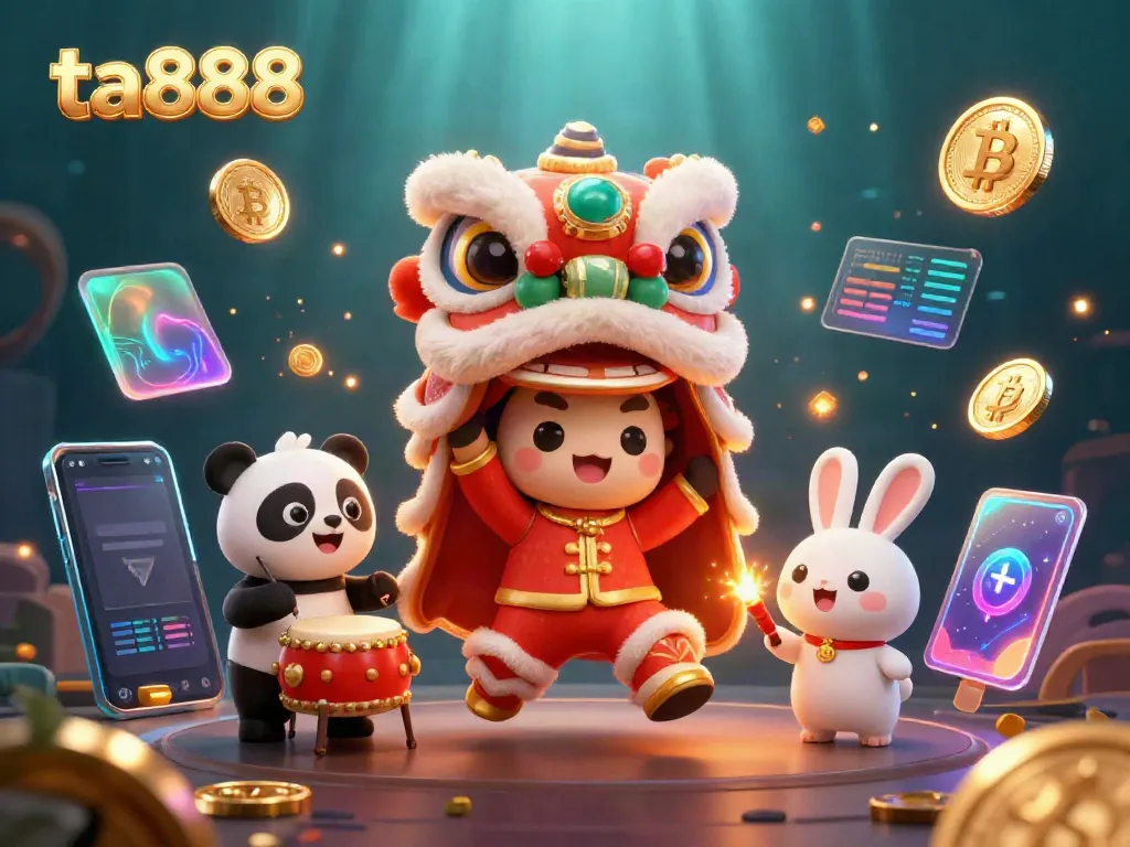 Engage in immersive gaming at ta888 with fun characters celebrating success and rich casino elements.