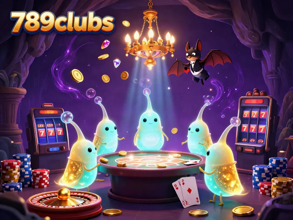 Experience the excitement of 789clubs in a vibrant casino setting led by glowworms lighting the scene and a bat dealer.