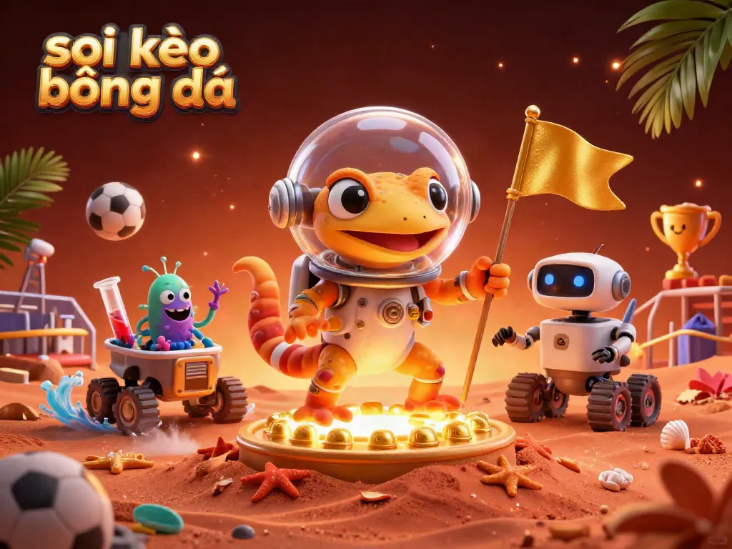 Soi kèo bóng đá scene with a Martian gecko discovering a golden casino amid sports elements and festive decorations.
