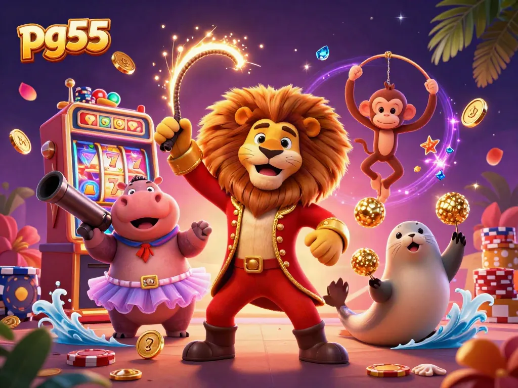 Experience the thrill of pg55 with a lively casino scene featuring animated characters and slot machines.