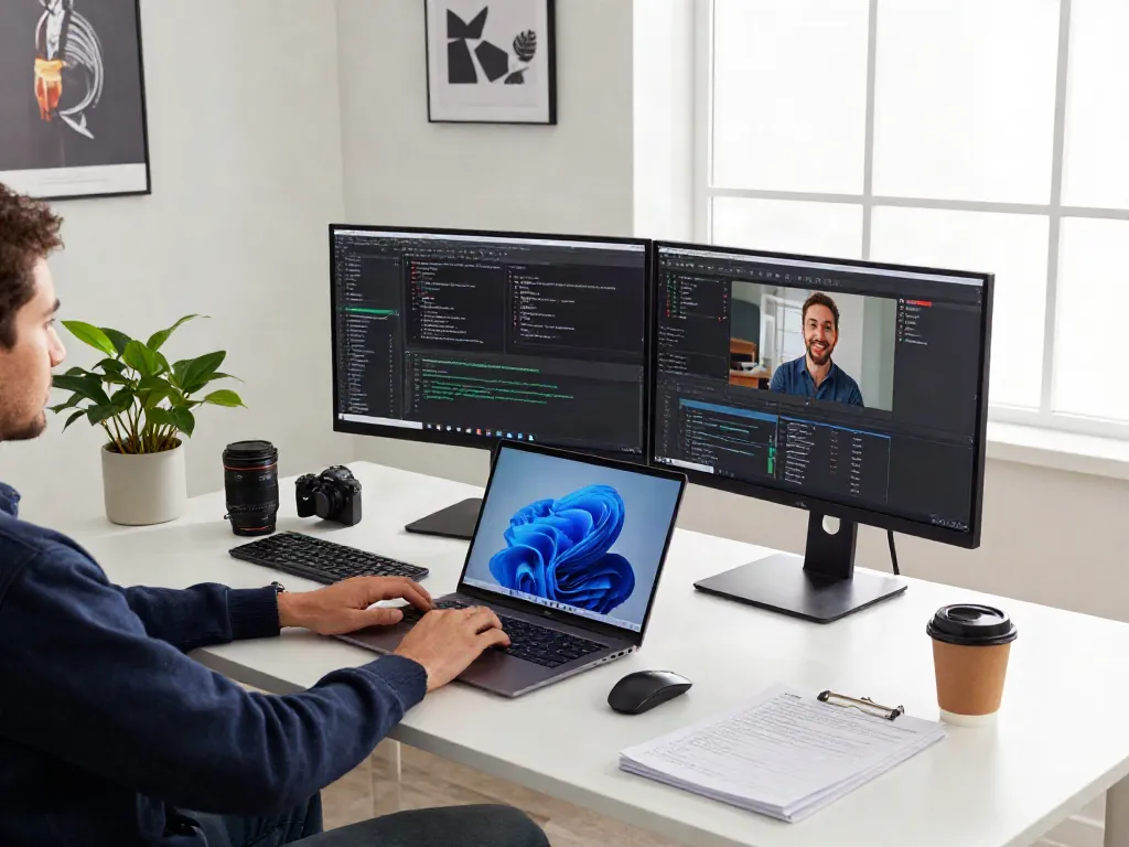 Moderne Arbeitsumgebung mit Windows 11 Pro auf Laptop, produktive Atmosphäre.