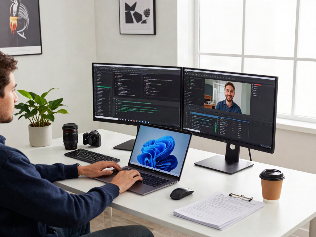 Moderne Arbeitsumgebung mit Windows 11 Pro auf Laptop, produktive Atmosphäre.