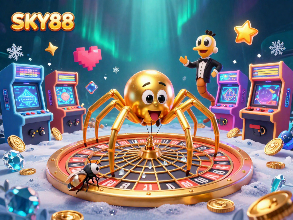 Engage in thrilling bets with SKY88, where a golden spider spins a roulette web amidst vibrant arcade games.