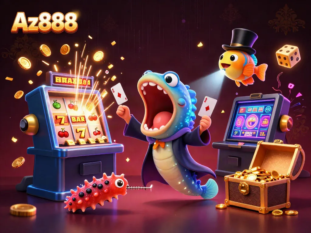Experience the thrill at Az888 with a vibrant casino scene featuring engaging characters and dynamic games.