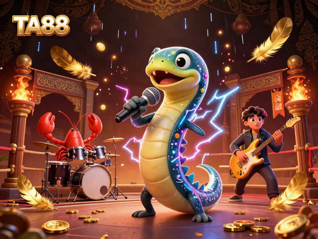 TA88 electric eel DJ energizes the underwater casino with dynamic gold coins and lightning effects.