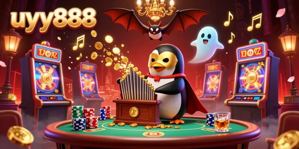 Experience the thrilling world of uyy888 as a cartoon penguin plays a winning organ surrounded by vibrant slot reels and poker tables.
