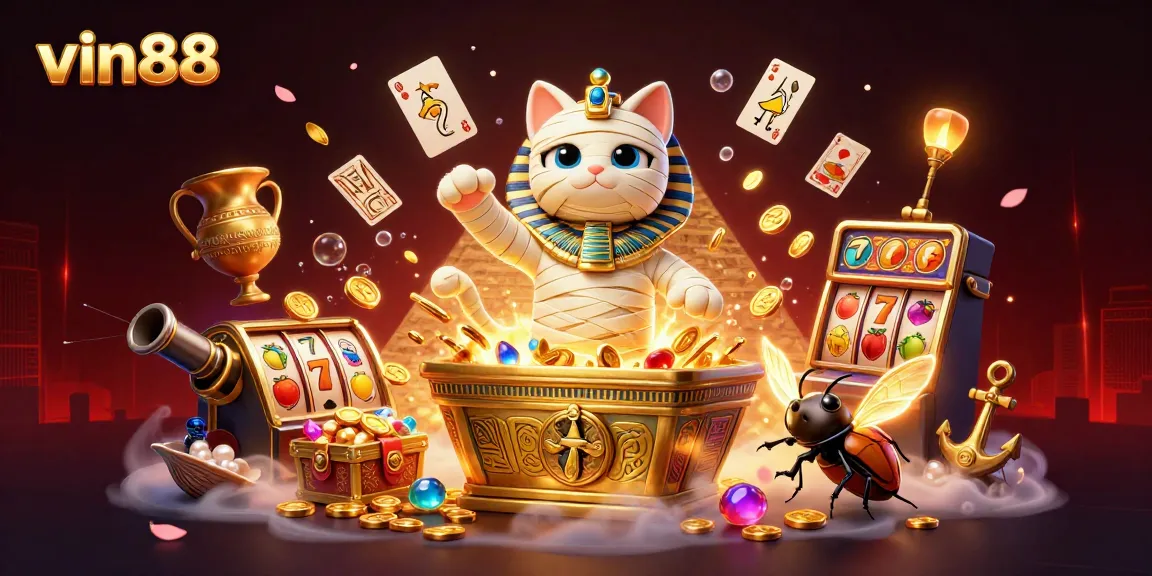Experience thrilling gameplay with vin88 and a 3D cartoon Egyptian mummy cat in a vibrant casino scene.