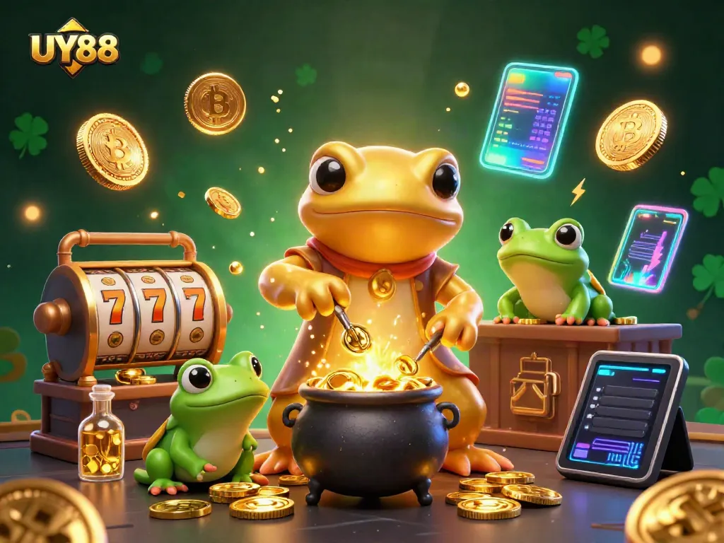Experience the thrilling UY88 casino world through a magical 3D illustration featuring an alchemist and friends.