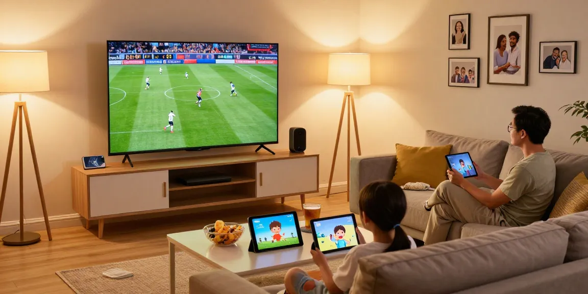 Familie genießt IPTV kaufen im modernen Wohnzimmer mit Smart TV und Tablets.