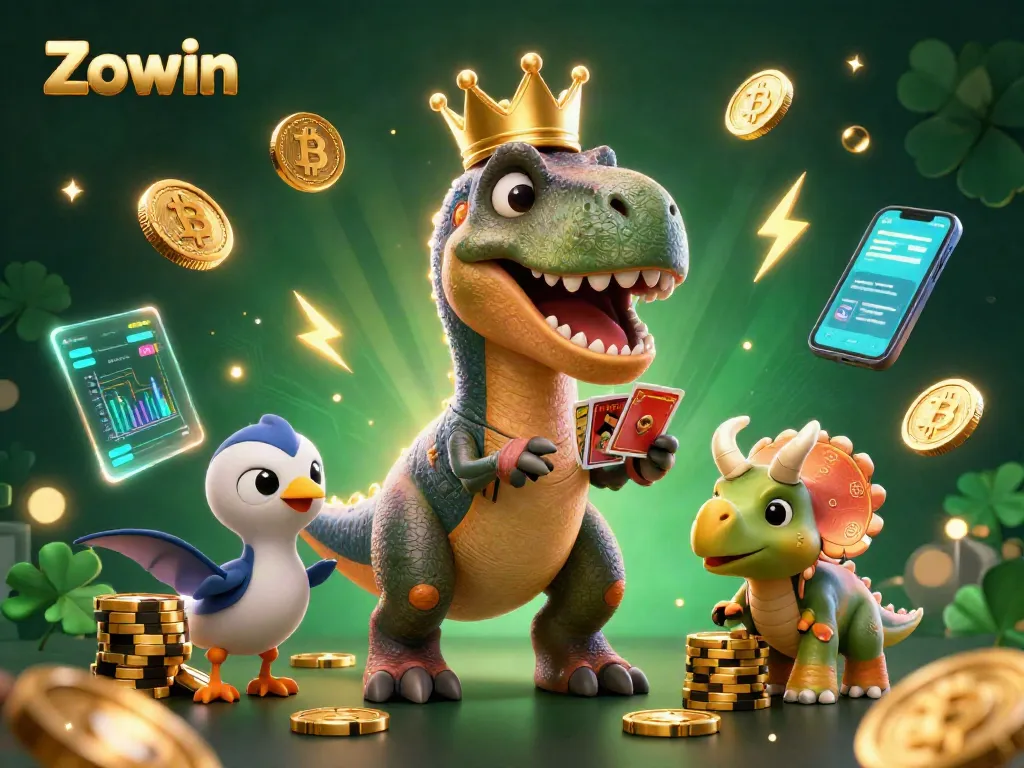 Zowin offers exciting casino gaming with T-Rex shuffling cards and vibrant 3D coin graphics.