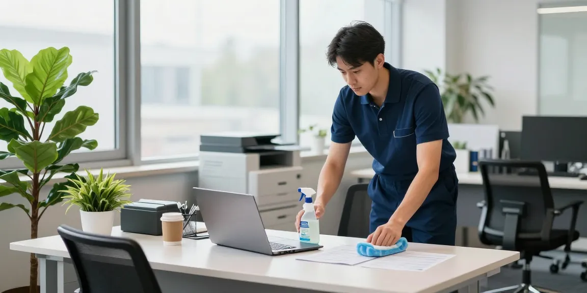 Büroreinigung Göttingen: Professioneller Reinigungstechniker reinigt modernen Arbeitsplatz mit umweltfreundlichen Produkten.