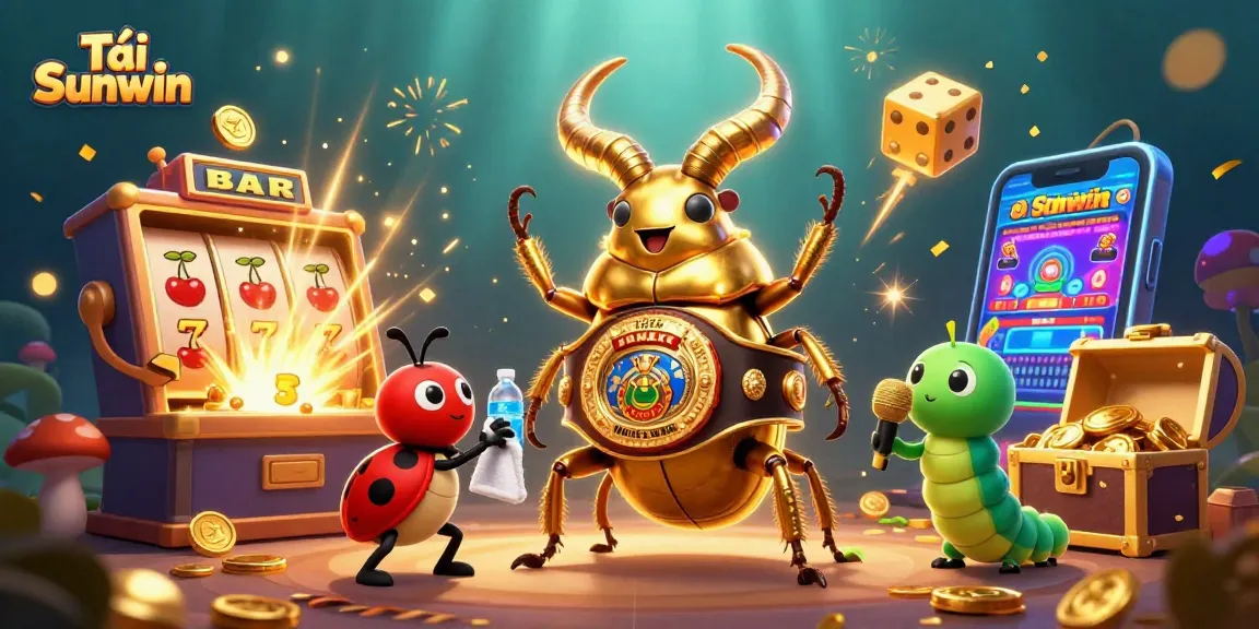 Tải Sunwin to win big with a giant beetle boxing scene combined with jackpot slots and vibrant colors.