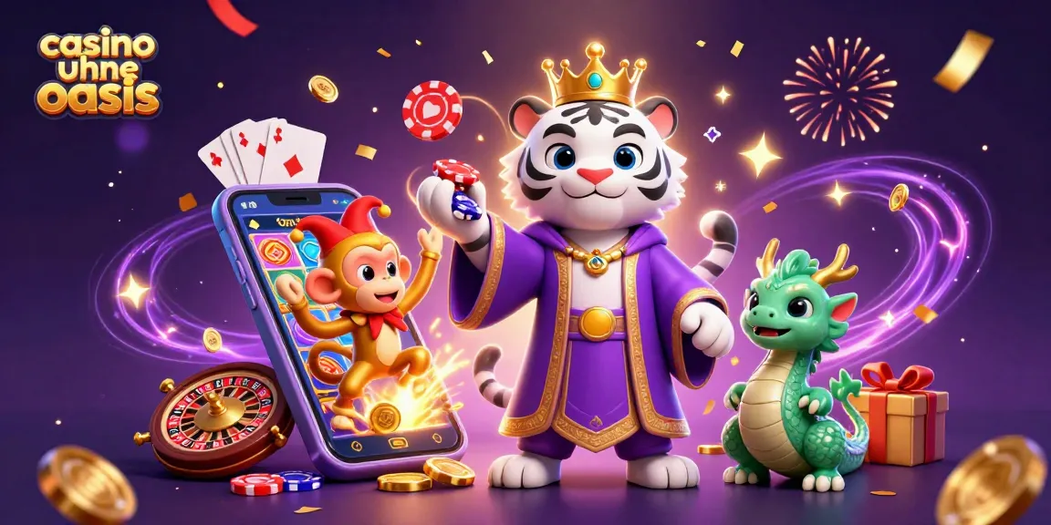 Experience immersive gaming excitement at casino ohne oasis with a vibrant 3D illustration of celebrating characters and casino elements.