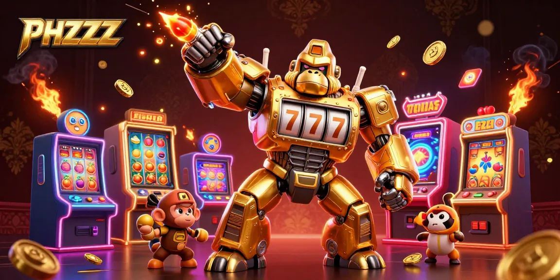 Experience the thrill of PHZZZ slot winnings with an explosive illustration featuring casino elements.