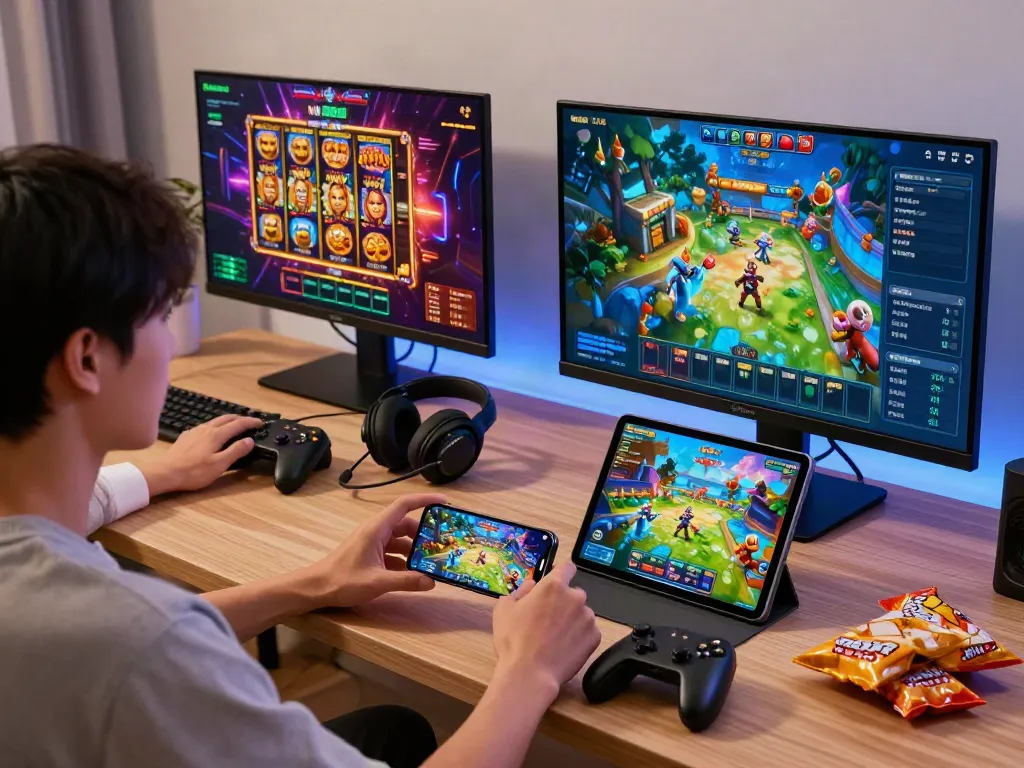 Discover vibrant gaming on ROKOK88 through multiple devices, showcasing exciting game graphics and a dynamic setup.