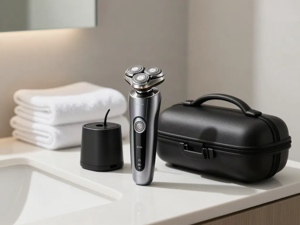 Eleganter Elektrorasierer Herren in modernem Badezimmer mit stilvollem Design und weichem Licht