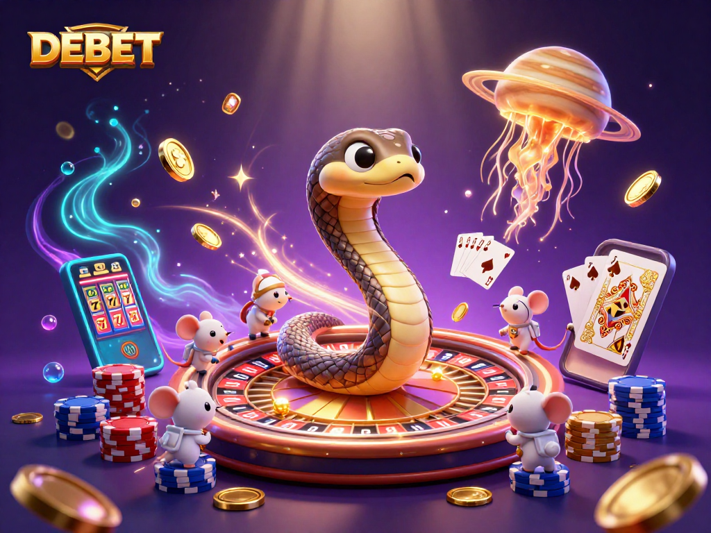 Experience the thrilling DEBET gameplay with a vibrant cosmic casino scene full of excitement and betting action.