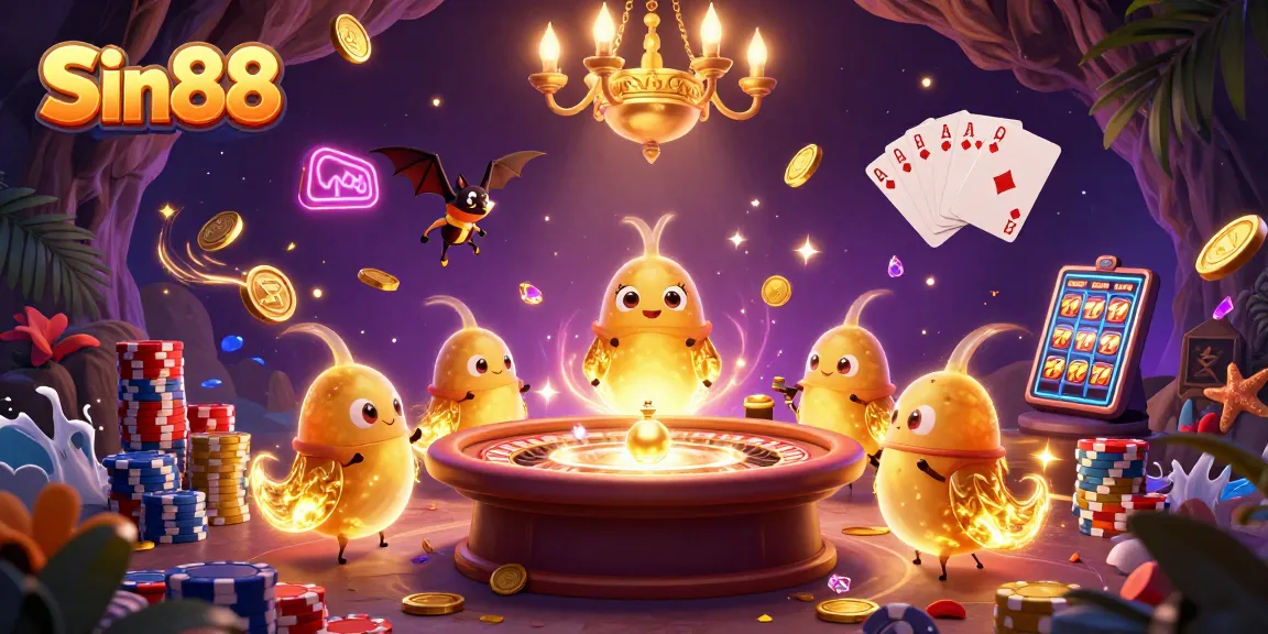 Experience the vibrant entertainment of Sin88, where glowworms illuminate a lively cave casino scene.