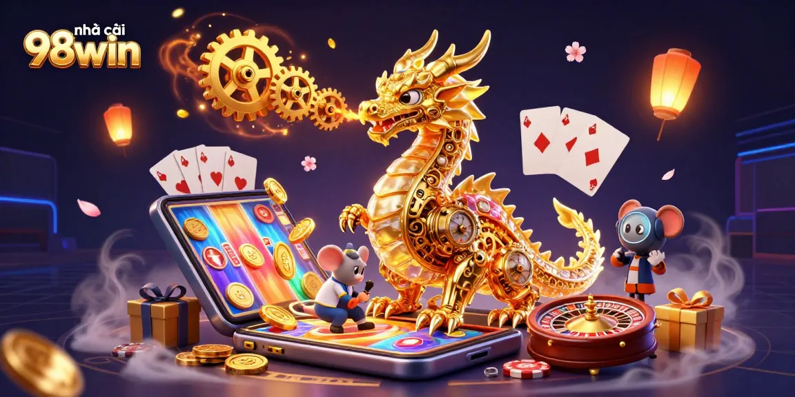 Experience the thrill at nhà cái 98win with a dynamic scene featuring a golden dragon, slot games, and vibrant casino elements.