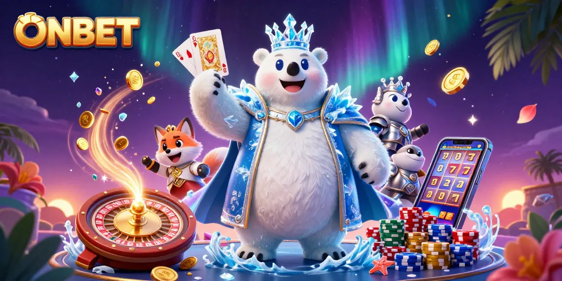 Experience thrilling gameplay with ONBET where the ice king polar bear and fox celebrate casino wins.