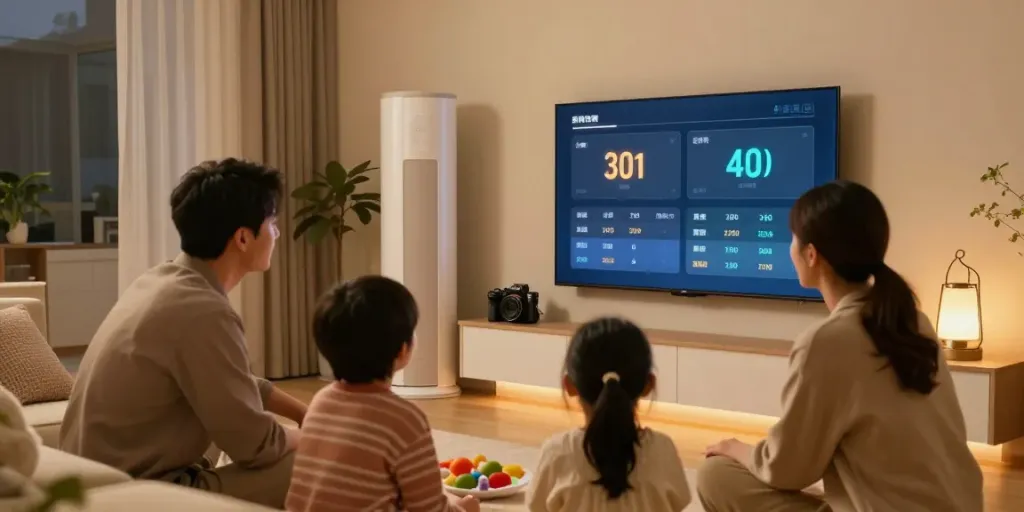 Geothermie Kosten: Familie diskutiert Vorteile der Erdwärmeheizung mit digitalem Display im modernen Zuhause.