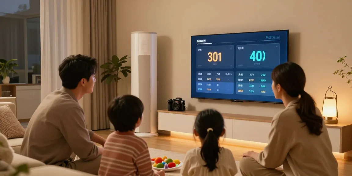 Geothermie Kosten: Familie diskutiert Vorteile der Erdwärmeheizung mit digitalem Display im modernen Zuhause.