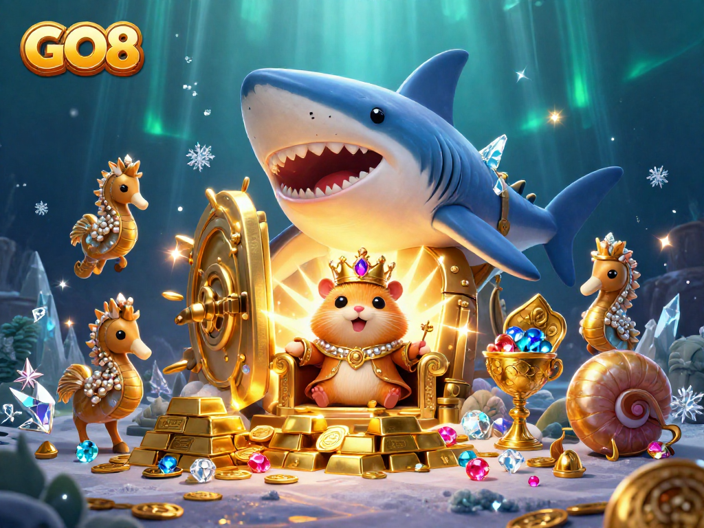 Win big at GO8 with our vibrant casino-themed underwater scene showcasing rich treasures.