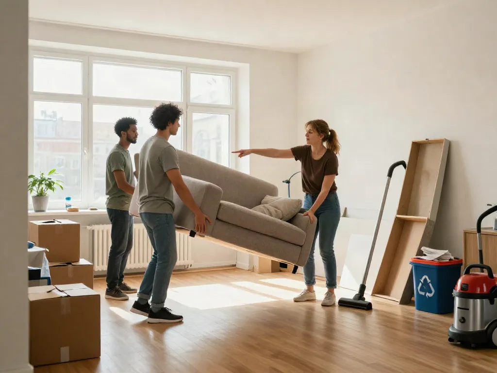 Wohnungsentrümpelung Berlin im Gange, professionelles Team entfernt Möbel aus hellen Berliner Wohnungen.