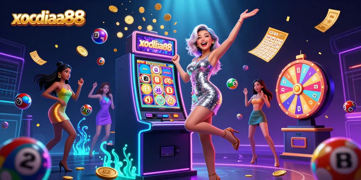 Xocdiaa88 showcases a vibrant scene with an Asian woman celebrating a jackpot at a slot machine amidst dynamic gaming elements.