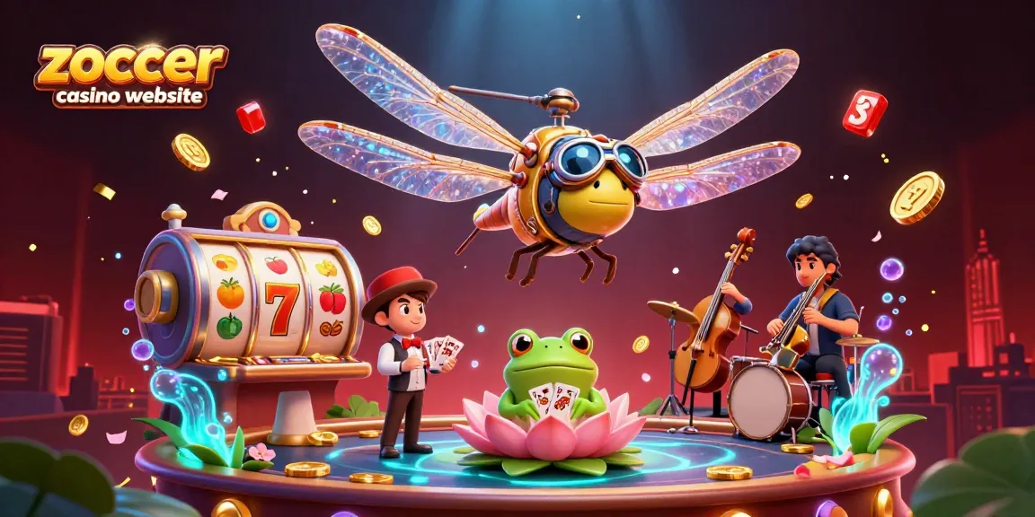 Zoccer casino website illustration showing a lively scene with a dragonfly pilot and a frog croupier amidst slots and celebratory decorations.