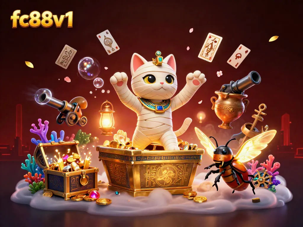 Engage in vibrant casino adventures at fc88v1 with a dynamic scene featuring an Egyptian mummy cat and treasures.